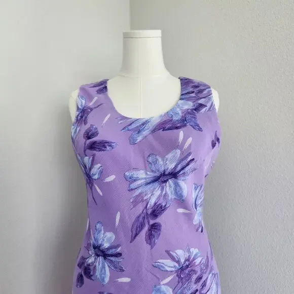 Vintage 90s Studio I Lilac Purple Floral Sheer Overlay Sleeveless Midi Dress L - Picture 2 of 8